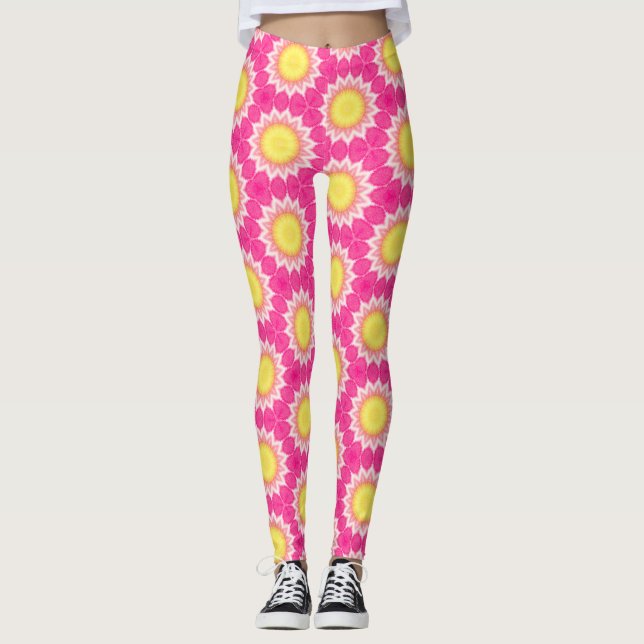 Leggings Patrón de girasol rosa y amarillo - Piernas (Anverso)