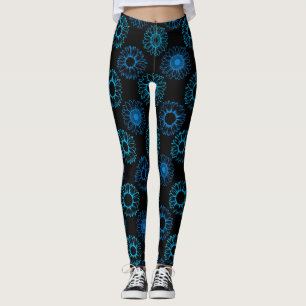 Leggings Patrón de Girasoles Azules sobre Fondo Negro
