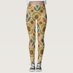 Leggings Patrón de girasoles y hojas Quilado de inspiraci
