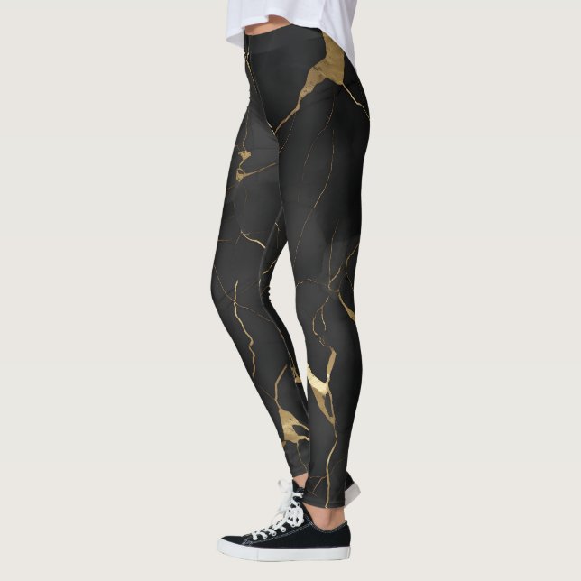 Leggings Patrón de giro de mármol dorado negro (Izquierda)