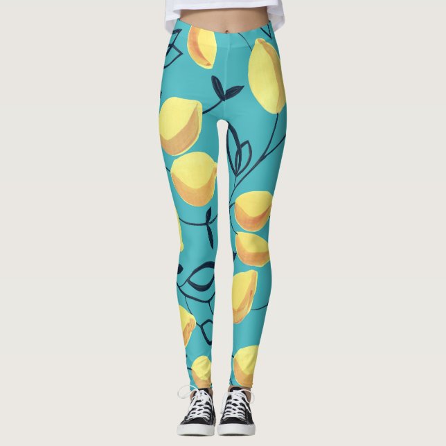 Leggings Patrón de gouache de limón amarillo sobre turquesa (Anverso)
