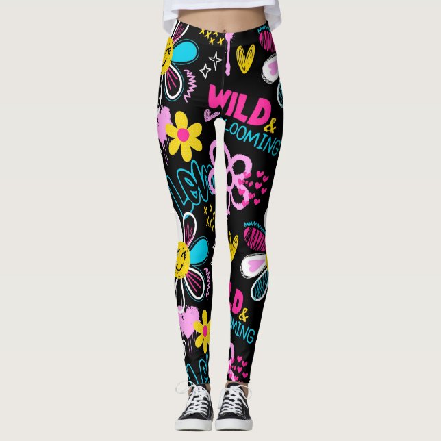 Leggings Patrón de Grafiti de Flor Sonriente de Moda (Anverso)