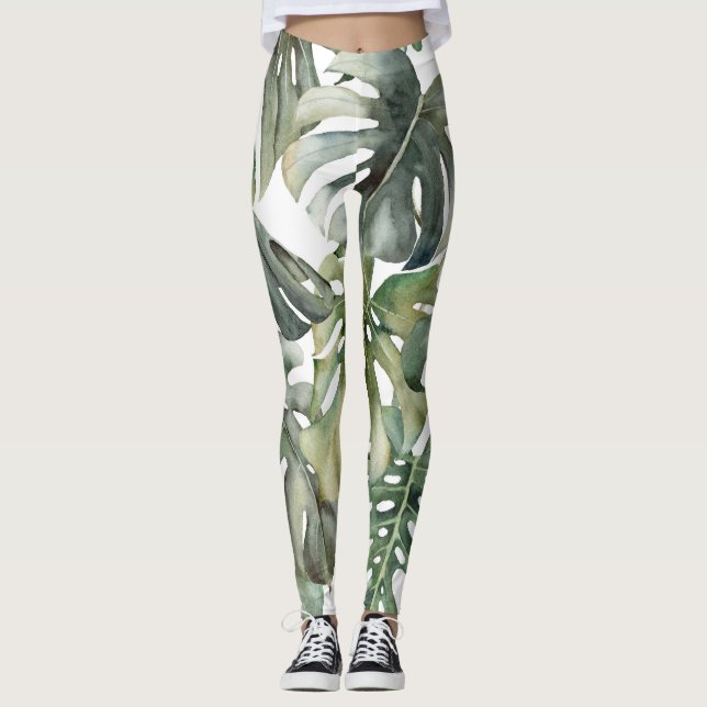Leggings Patrón de gran acuarela de monstera tropical (Anverso)