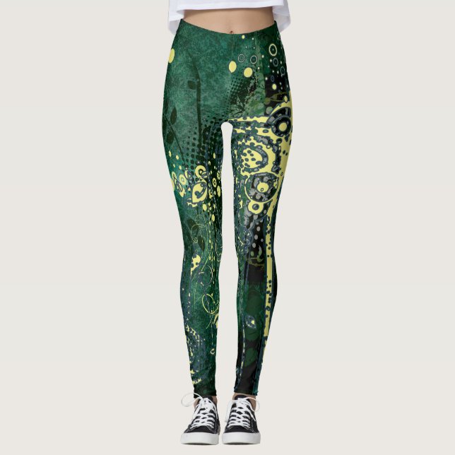 Leggings Patrón de Grunge de resumen verde y amarillo verde (Anverso)