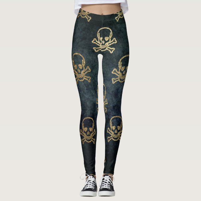 Leggings Patrón de Halloween con cráneo dorado y cruces (Anverso)