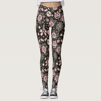 Leggings Patrón de Halloween de calabaza y telaraña rosa y