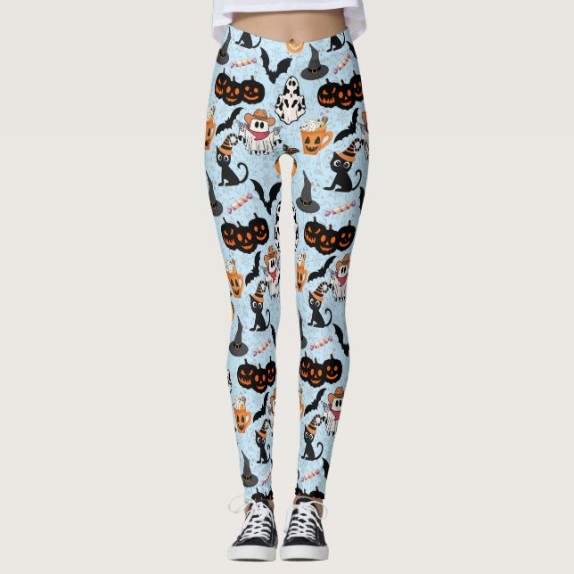 Leggings Patrón de Halloween. Hermoso y lindo L Blue BG (Anverso)