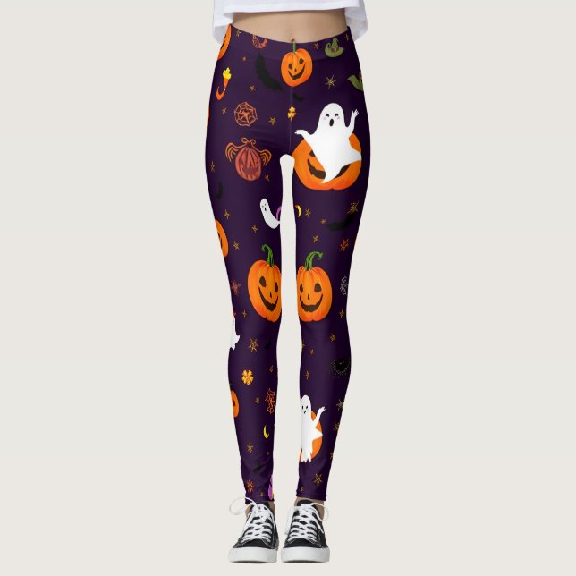 Leggings Patrón de Halloween lindo - Fantasmas, calabazas,  (Anverso)