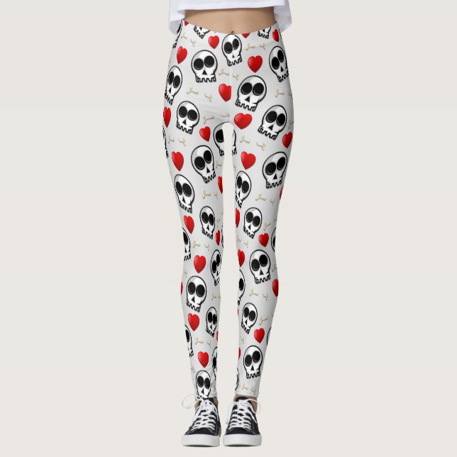 Leggings Patrón de Halloween Skulls y Red Hearts (Anverso)