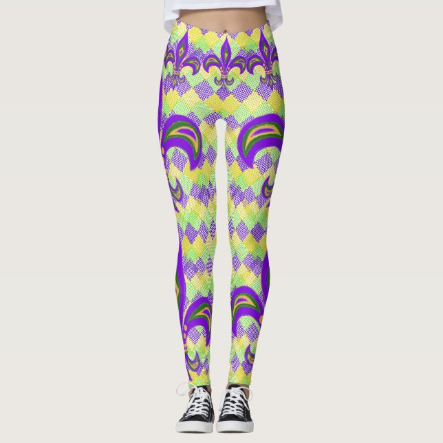 Leggings Patrón de Harlequin Mardi Gras y Flor de Lis (Anverso)