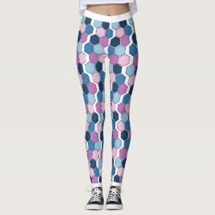 Leggings Patrón de hexágono rosa y azul de la ciudad de Cre
