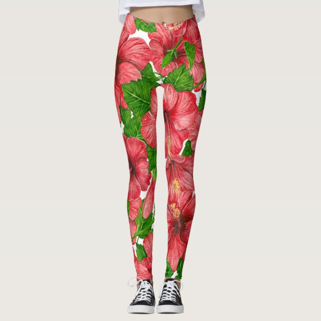 Leggings Patrón de hibiscos rojos II (Anverso)