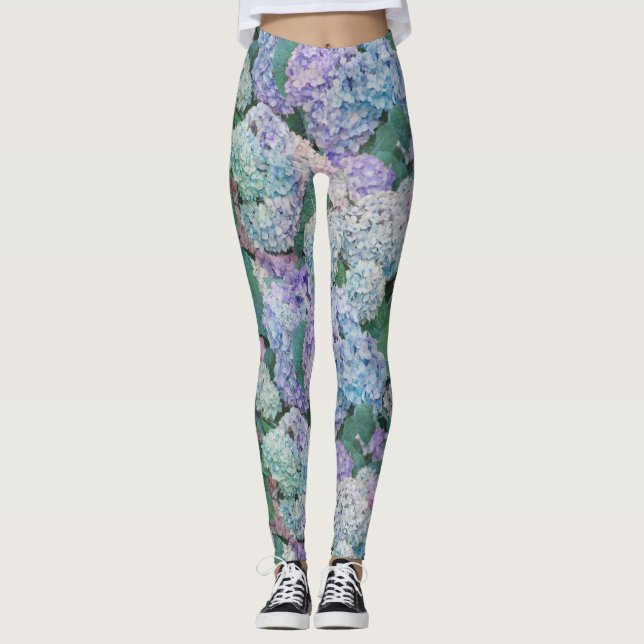 Leggings Patrón de hidrangea azul floral azul púrpura Moda (Anverso)