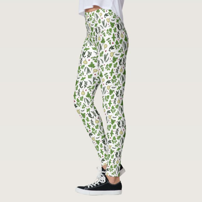 Leggings Patrón de hierbas verdes y de los jardines blancos (Izquierda)