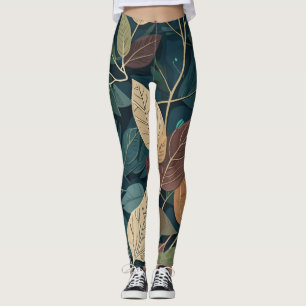 Leggings Patrón de Hoja Botánica Moderna en Verde Teal Terr
