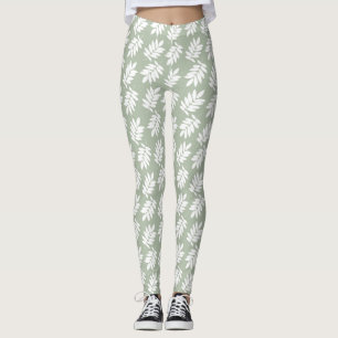 Leggings Patrón de hoja de anciano blanco sobre verde