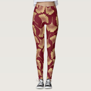 Leggings Patrón de hoja de ginkgo dorada en burdeos para bo
