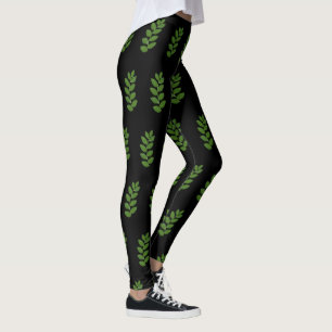 Leggings Patrón de hoja de laurel verde moderno sobre negro