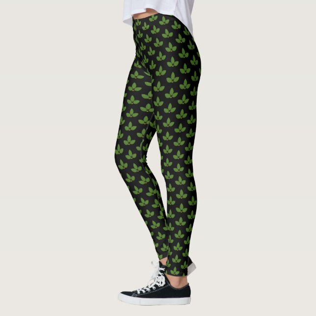 Leggings Patrón de hoja de laurel verde moderno sobre negro (Izquierda)