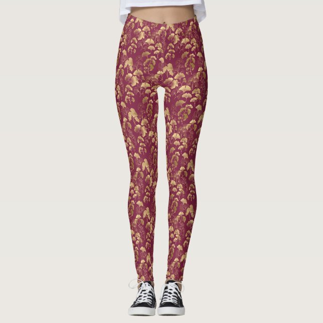 Leggings Patrón de hoja de oro de Borgoña (Anverso)