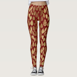 Leggings Patrón de hoja dorada y roja
