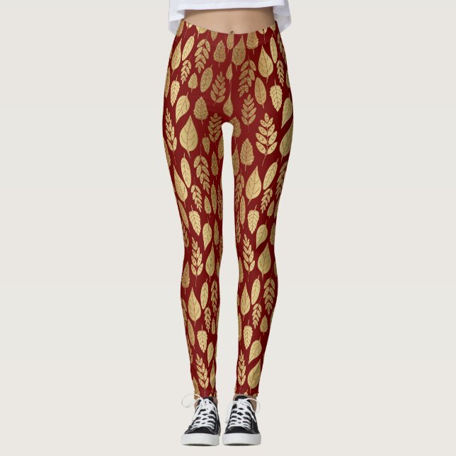 Leggings Patrón de hoja dorada y roja (Anverso)