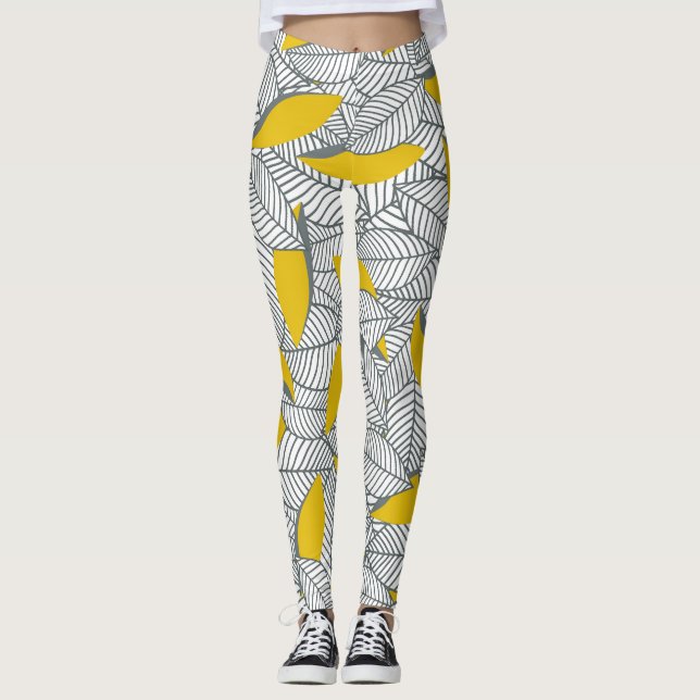 Leggings Patrón de hoja gris y amarillo. (Anverso)
