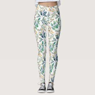 Leggings Patrón de hoja verde y amarillo de acuarela fresca