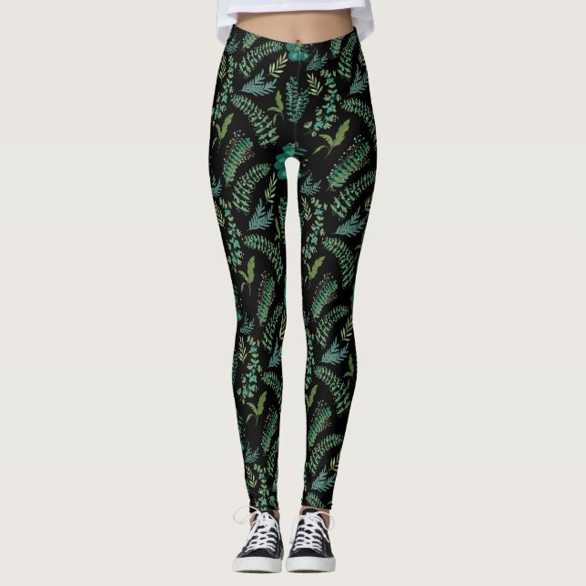 Leggings Patrón de hojas 10.bw BG negro (Anverso)