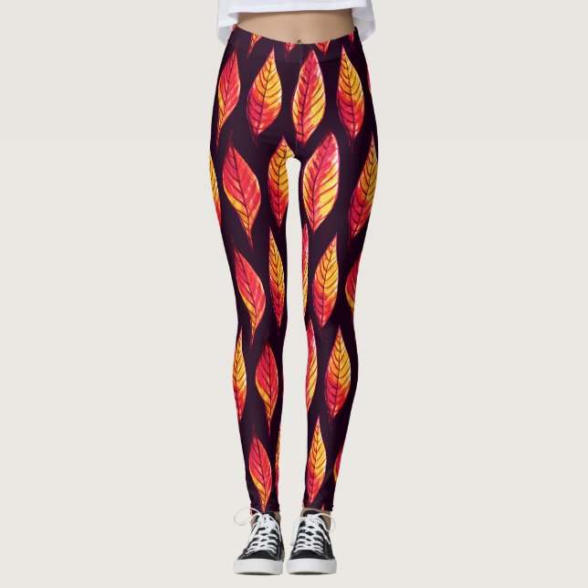 Leggings Patrón De Hojas Caídas En Rojo Oscuro Y Amarillo (Anverso)
