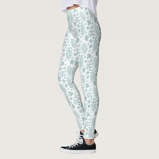 Leggings Patrón de hojas caídas Verde azulado en blanco (Izquierda)
