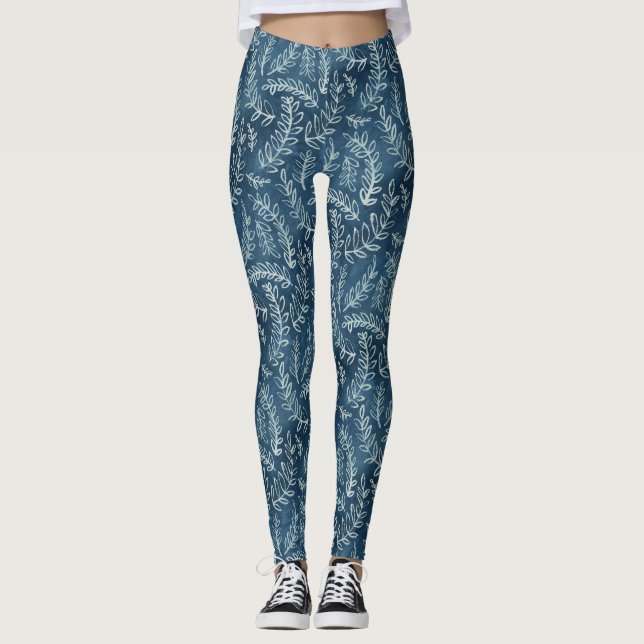 Leggings Patrón de hojas de índigo azul (Anverso)