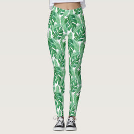 Leggings Patrón de hojas de monastera tropical verde y blan