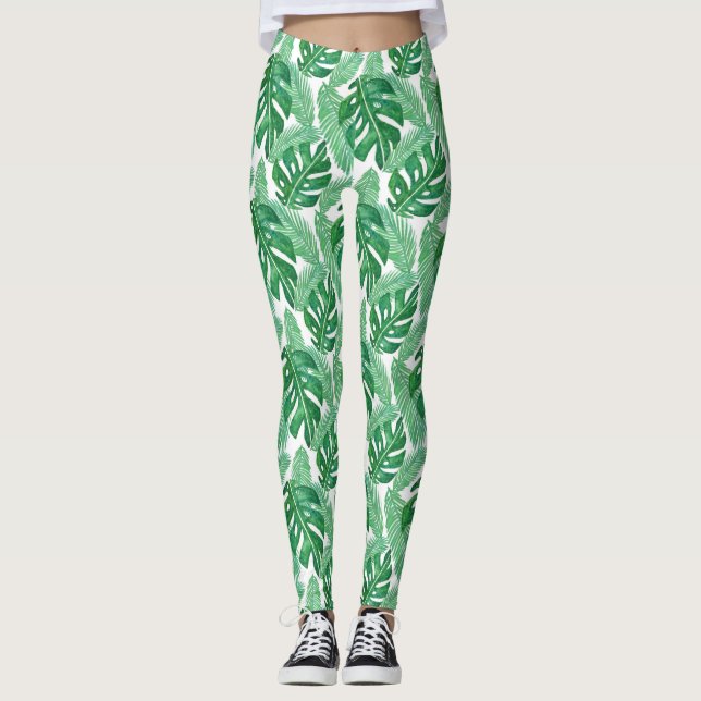 Leggings Patrón de hojas de monastera tropical verde y blan (Anverso)