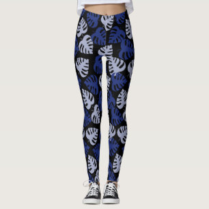 Leggings Patrón de hojas de monstera azul y gris sobre negr