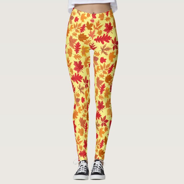Leggings Patrón de hojas de otoño 02 L Amarillo BG (Anverso)