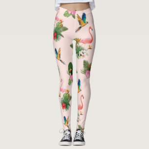 Leggings Patrón de hojas de pájaros y palmeras