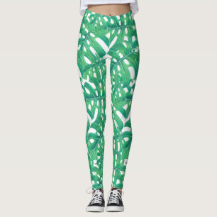 Leggings Patrón de hojas tropicales de monstera verde en bl