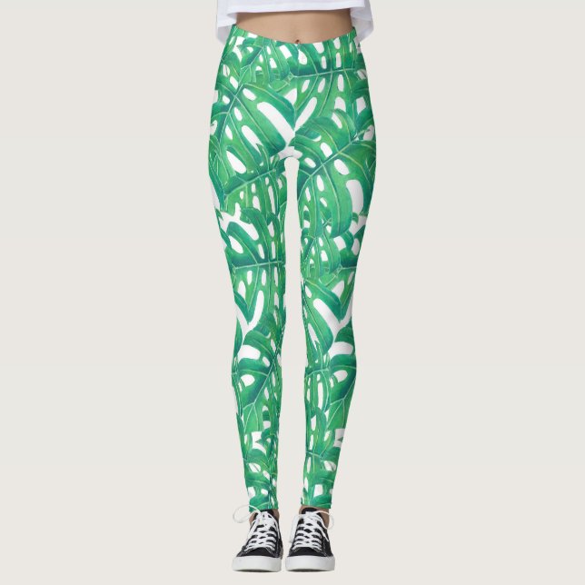 Leggings Patrón de hojas tropicales de monstera verde en bl (Anverso)