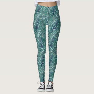 Leggings Patrón de hojas tropicales Verde azuladas verdes d