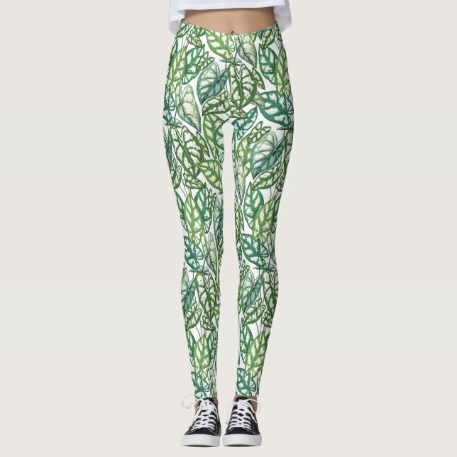 Leggings Patrón de hojas tropicales verdes (Anverso)