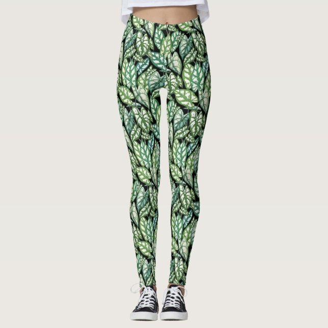Leggings Patrón de hojas tropicales verdes (Anverso)