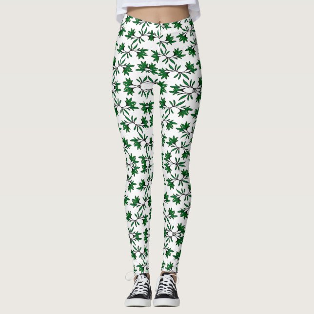 Leggings Patrón de hojas verdes sobre blanco (Anverso)