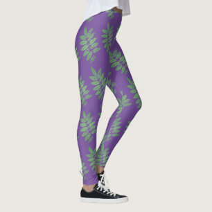 Leggings Patrón De Hojas Verdes Tropicales En Púrpura