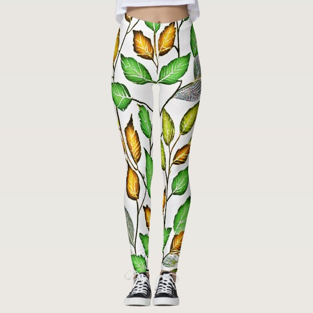 Leggings Patrón de hojas vívidas de moda (Anverso)