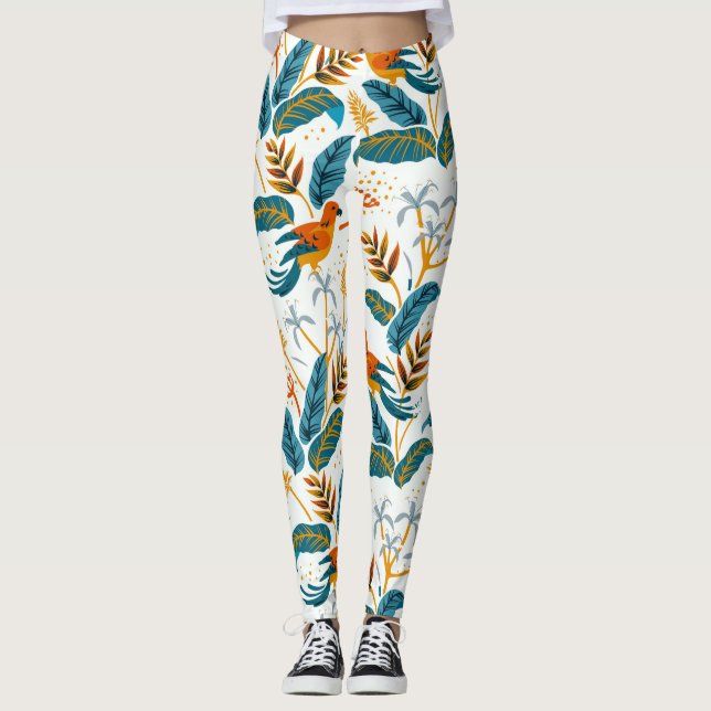 Leggings Patrón de hojas y aves tropicales (Anverso)