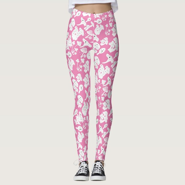 Leggings Patrón de hongos negros 01b BG rosa (Anverso)