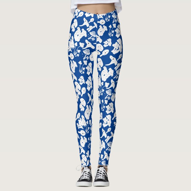 Leggings Patrón de hongos negros 01b Blue BG (Anverso)