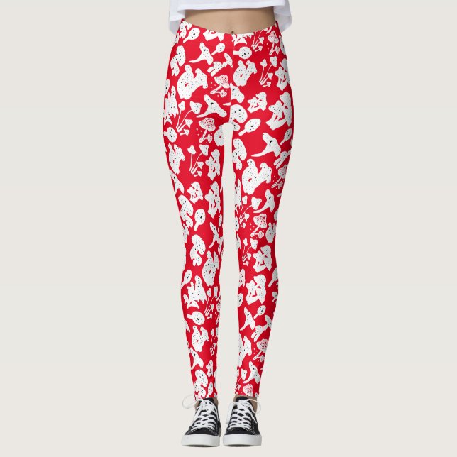 Leggings Patrón de hongos negros 01b Red BG (Anverso)