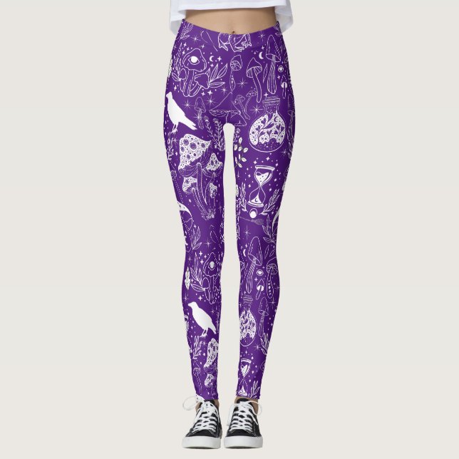 Leggings Patrón de hongos psicodélicos 2D.BW.b Purple BG (Anverso)